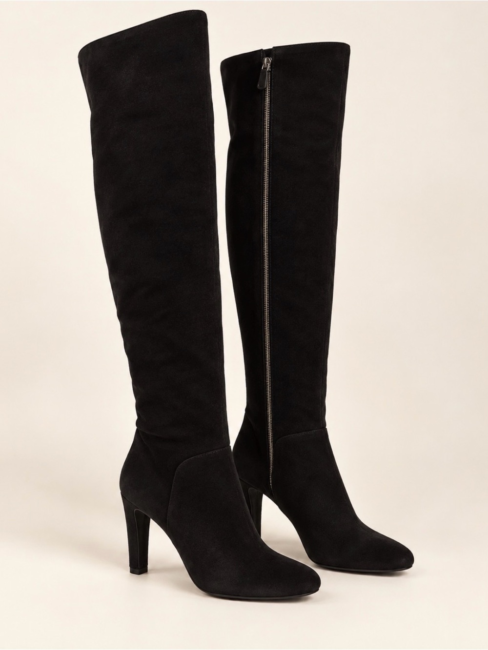 Stuart Weitzman Black Suede Over-the-Knee Heeled Boots with Side Zip